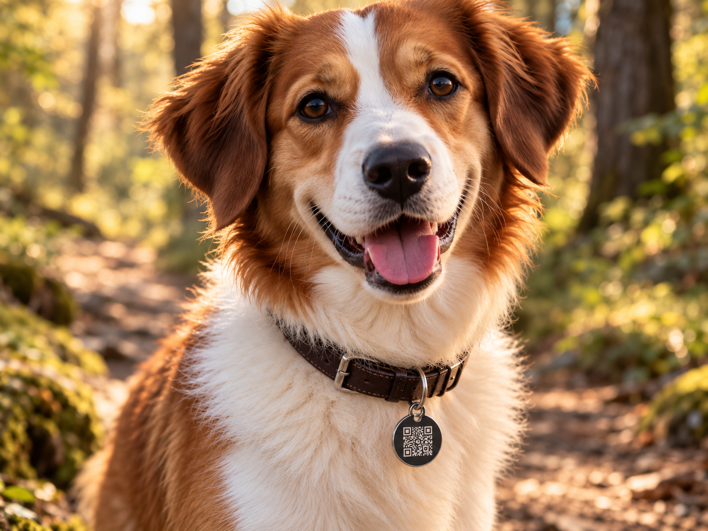 Close-up of a Zwyn tag attached to a dog collar